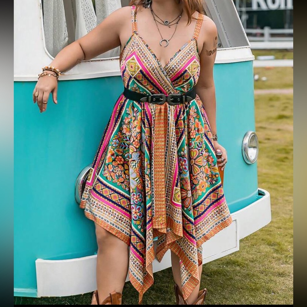 Boho Plus Size Scarf Print Asymmetrical Hi Low Hem Cami Dress Without Belt - Picture 2 of 8